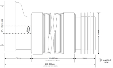 Preview: Technische Zeichnung Flexible WC Anschluss DN 100 mit 2 cm Versatz, Länge variabel PP-Weiß